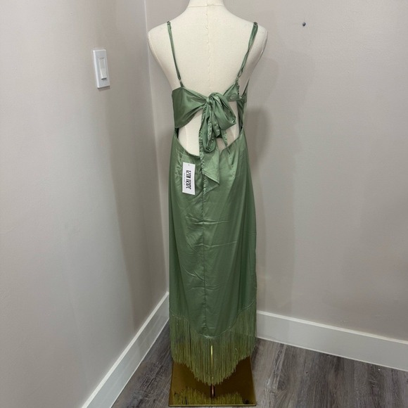 NWT 12th Tribe Monet Sage Fringe Satin Maxi Dress Large - Picture 4 of 8